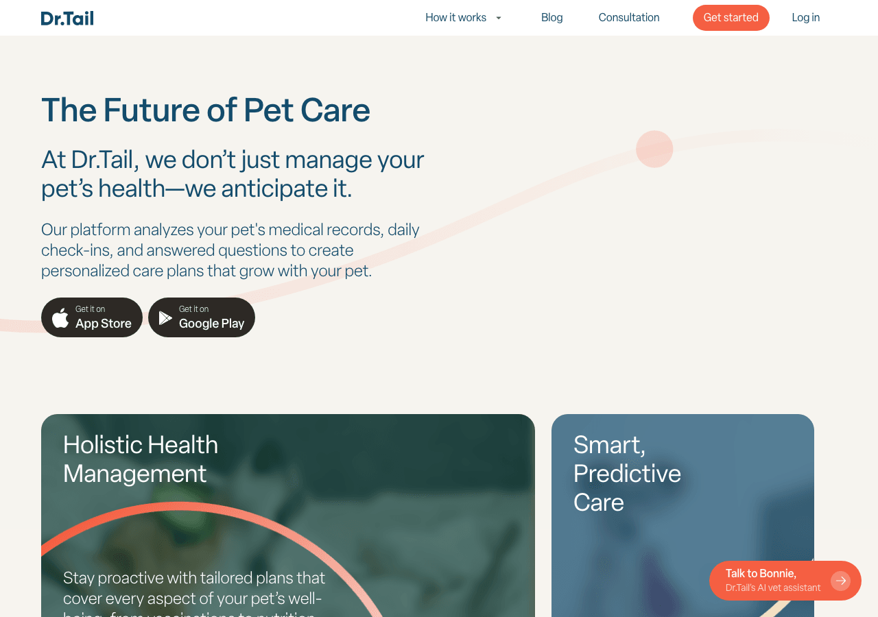Dr.Tail Conversational AI showing Conversational AI - 24/7 AI Vet Care for Your Pet