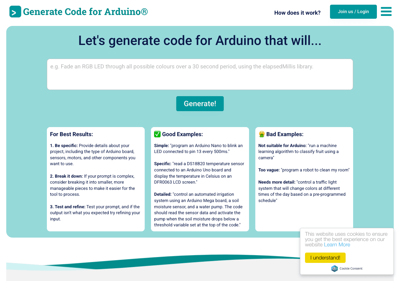 Duino Code Generator Code Assistance showing Code Assistance - Let AI write your Arduino code so you can spend more time tink