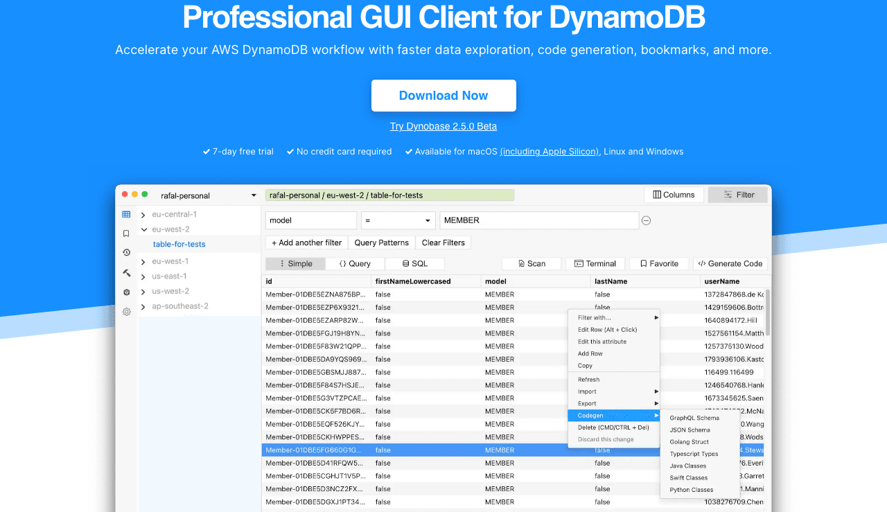Dynobase Code Assistance showing Code Assistance - Effortlessly manage your DynamoDB data