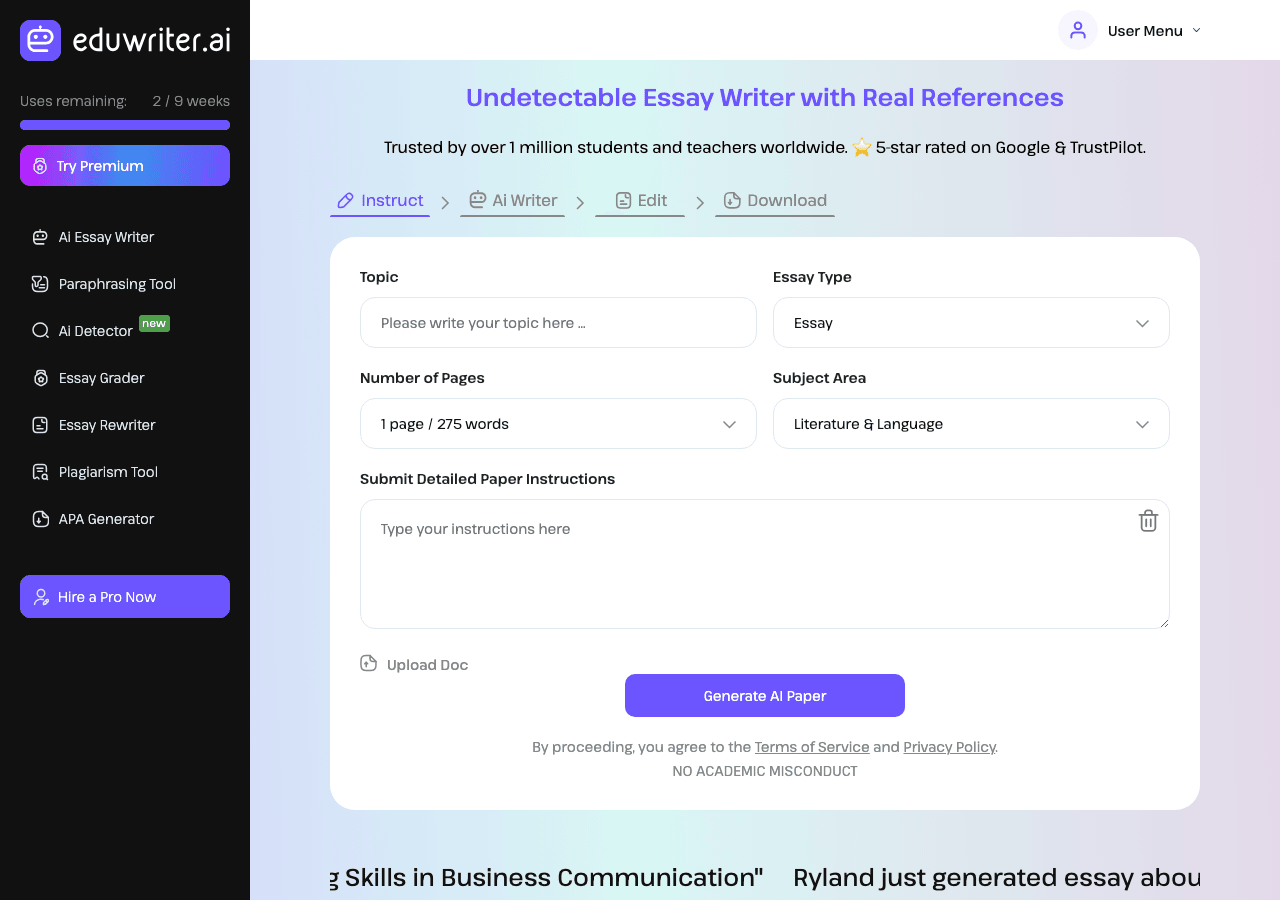 EduWriter AI Writing & Translation showing Writing & Translation - AI-Powered Academic Writing: Essays, Citations, Summaries