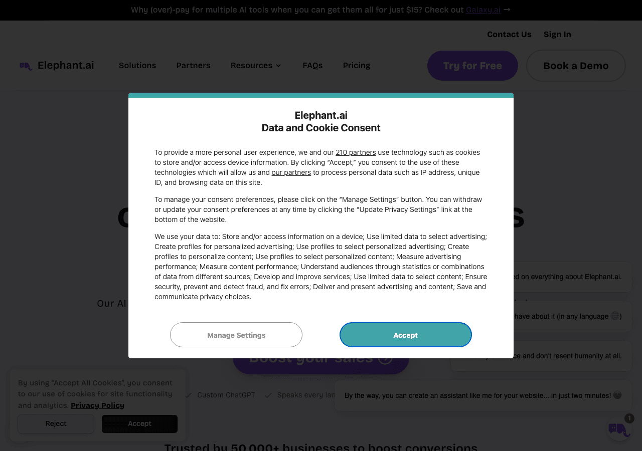 Elephant.ai Conversational AI showing Conversational AI - The #1 AI Sales Assistant for Websites