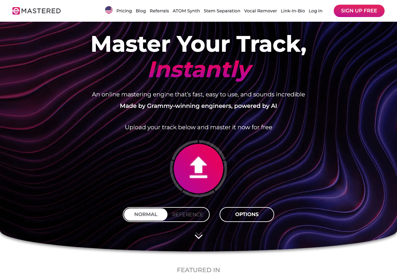 eMastered Audio Editing showing ai mastering - Master Your Track, Instantly.