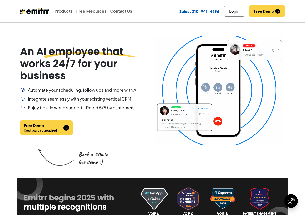 Emitrr Conversational AI showing Conversational AI - An AI employee that works 24/7 for your business