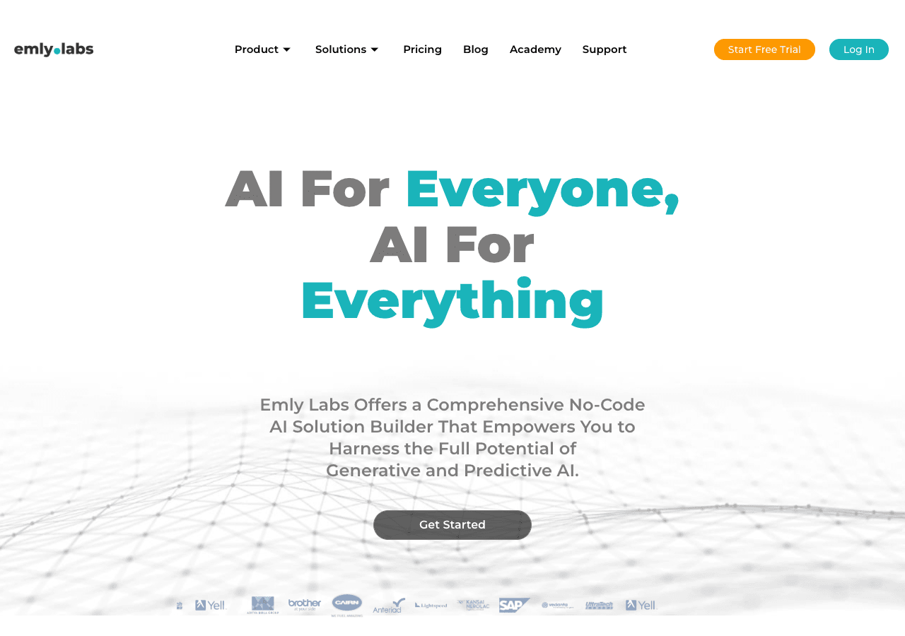 Emly Labs Conversational AI showing Conversational AI - Inclusive no-code AI: build chatbots, predictive models, and data pip