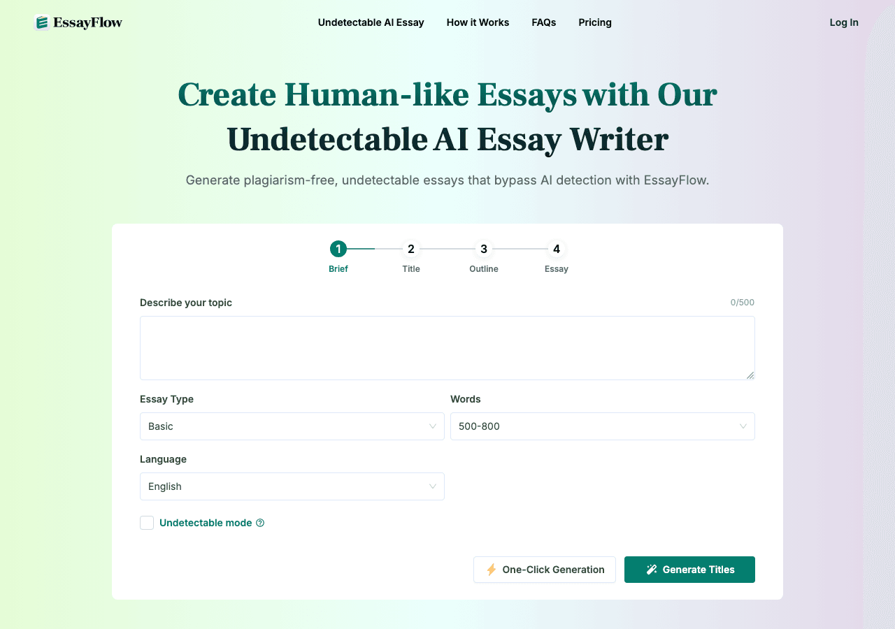 EssayFlow Writing & Translation showing Writing & Translation - The Leading Undetectable AI Essay Writer That Beats AI Detect