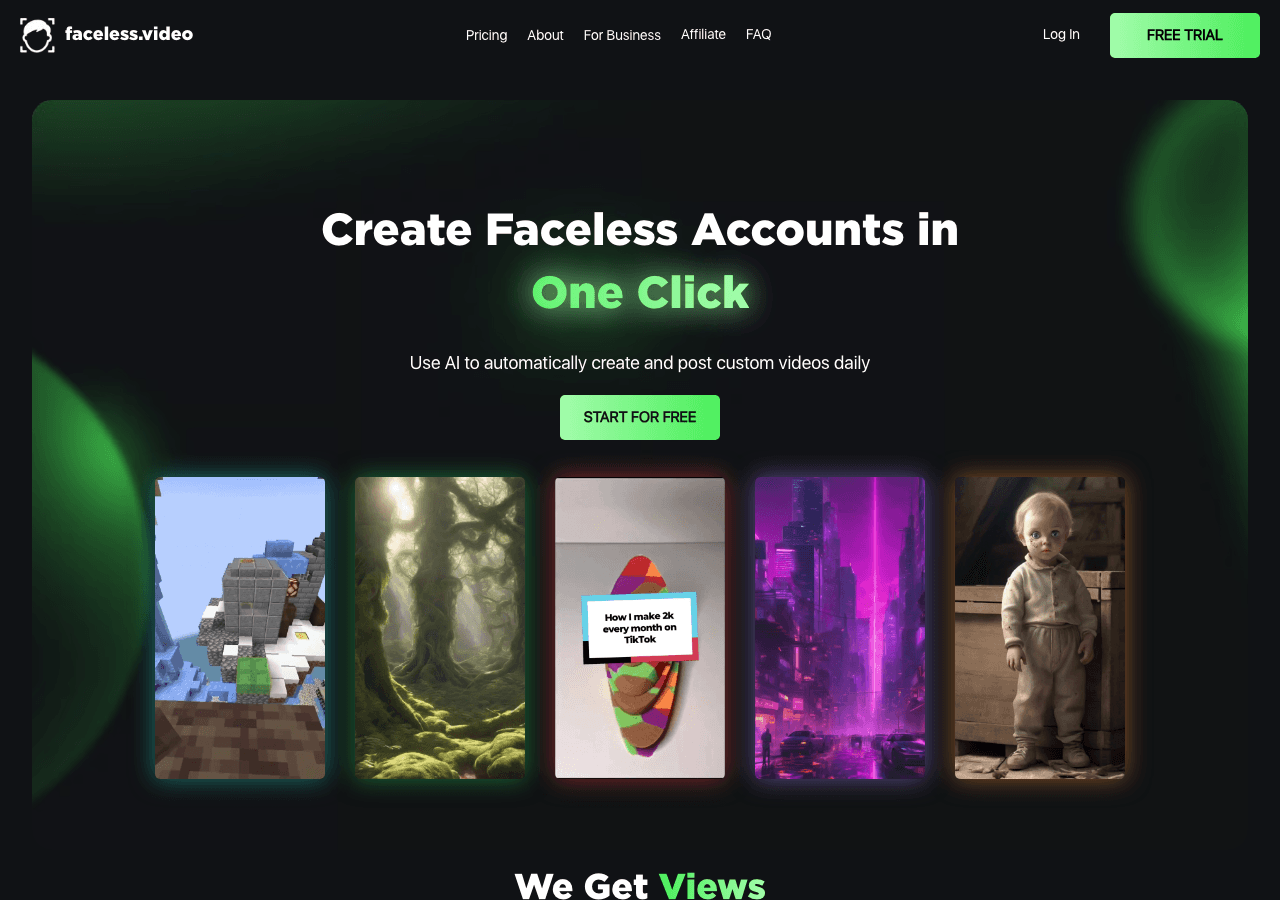 Faceless.video Video Generation showing Video Generation - AI video content creator—post daily, effortlessly.