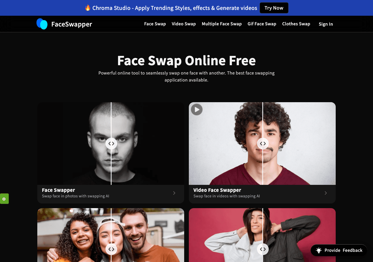 FaceSwapper Image Generation showing ai face swap - Realistic AI face swaps for photos, videos, and GIFs in seconds