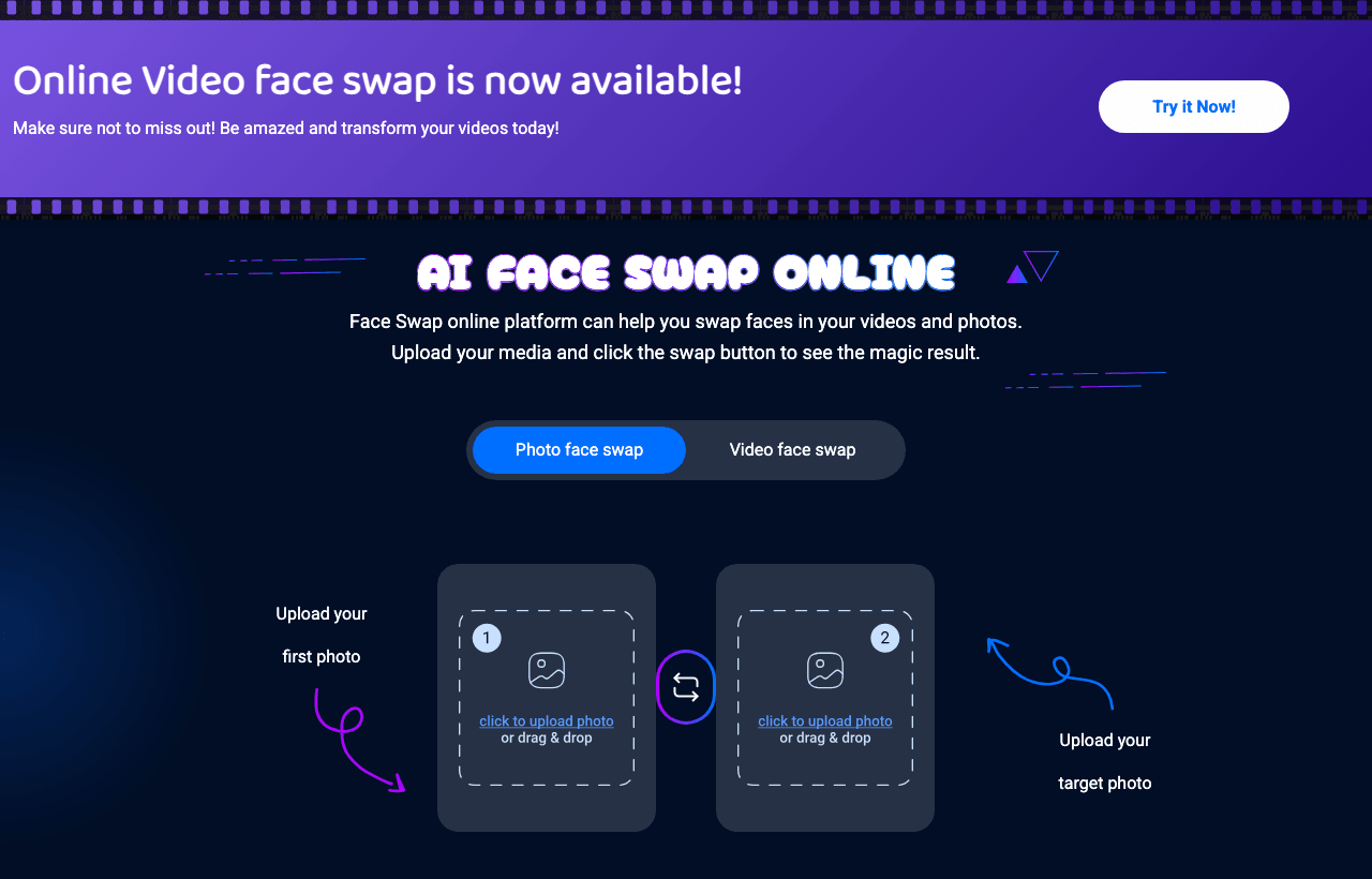 Face Swapper Online Image Generation showing Image Generation - Swap faces in photos and videos with AI-powered precision