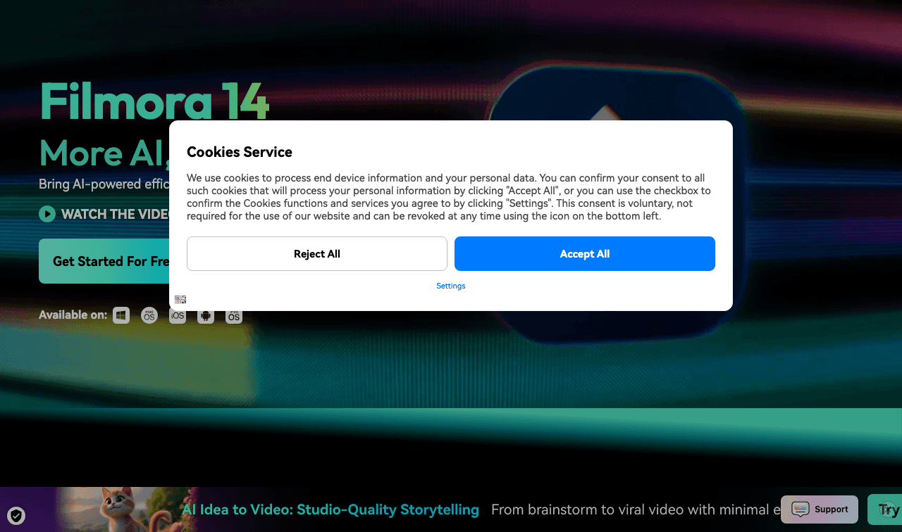 Wondershare Filmora Video Editing showing ai video editor - More AI, Videos in Less Clicks