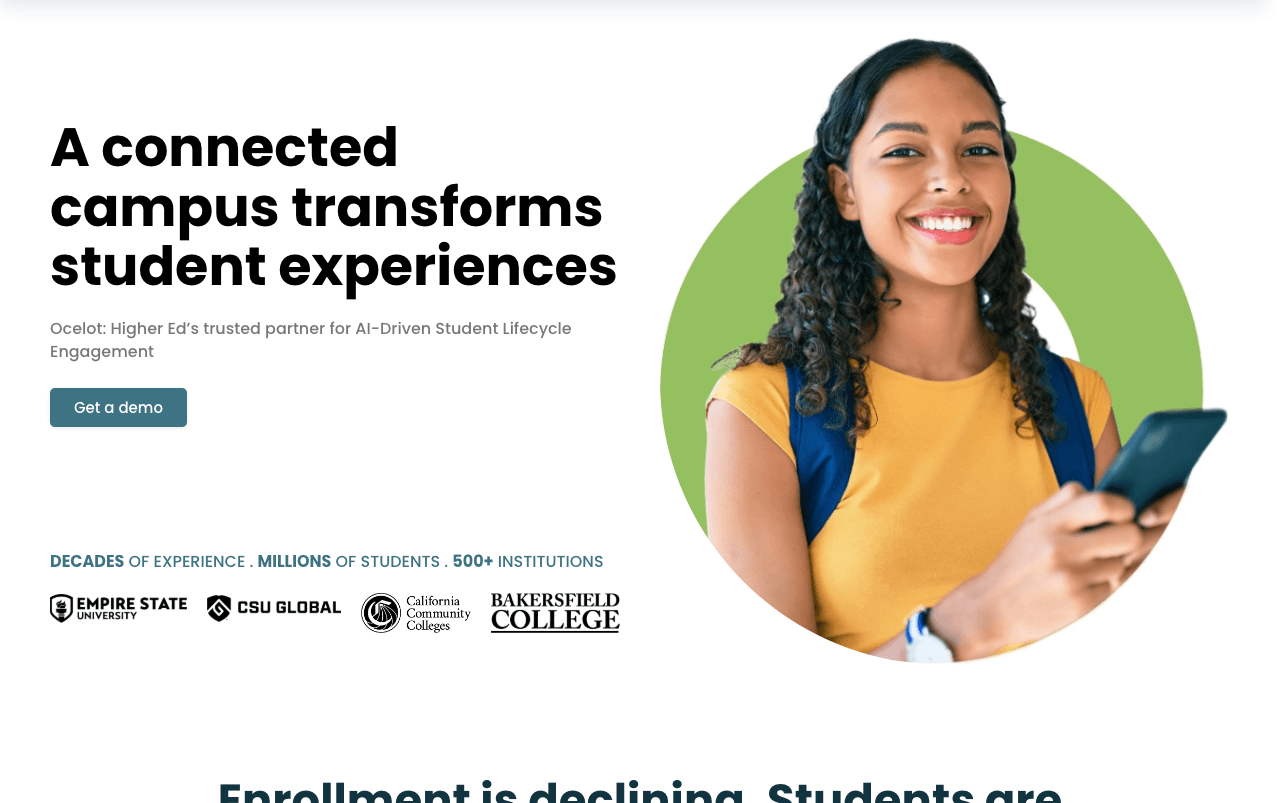 Ocelot Conversational AI showing Conversational AI - Empowering students through personalized financial aid communication