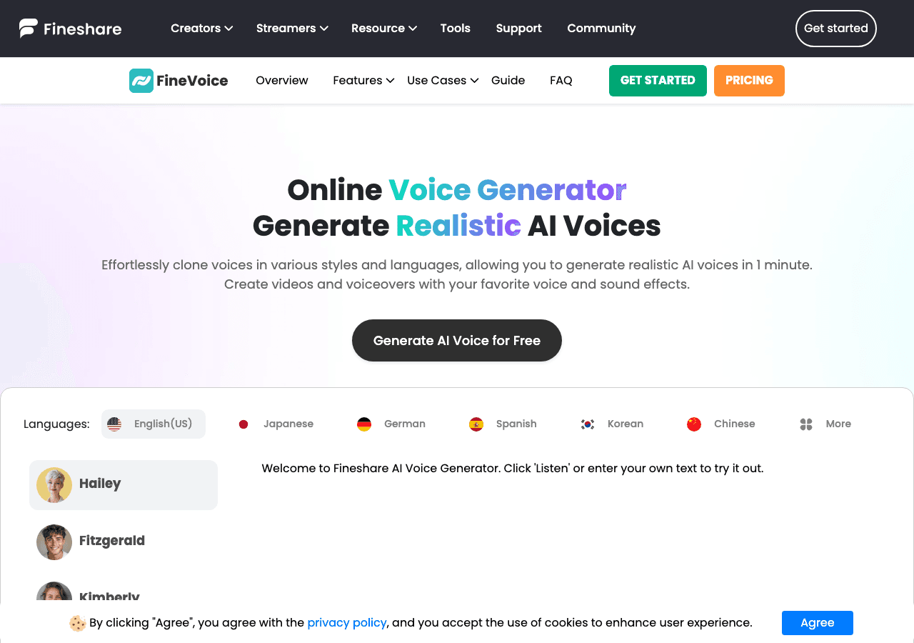 FineShare FineVoice Audio Generation showing ai voice changer - Empower your content with FineVoice