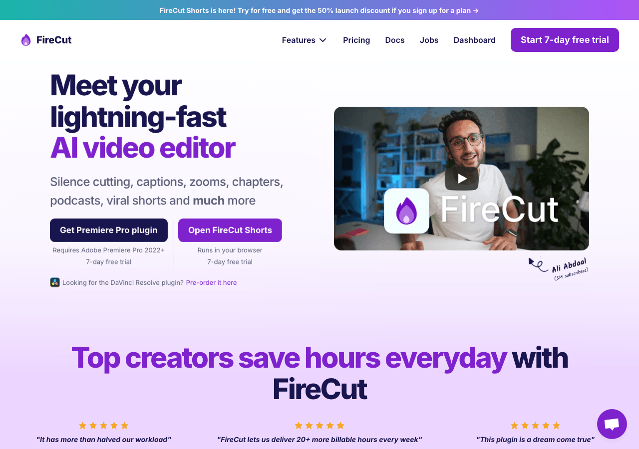 FireCut AI Video Editing showing Video Editing - Your Lightning-Fast AI Video Editor