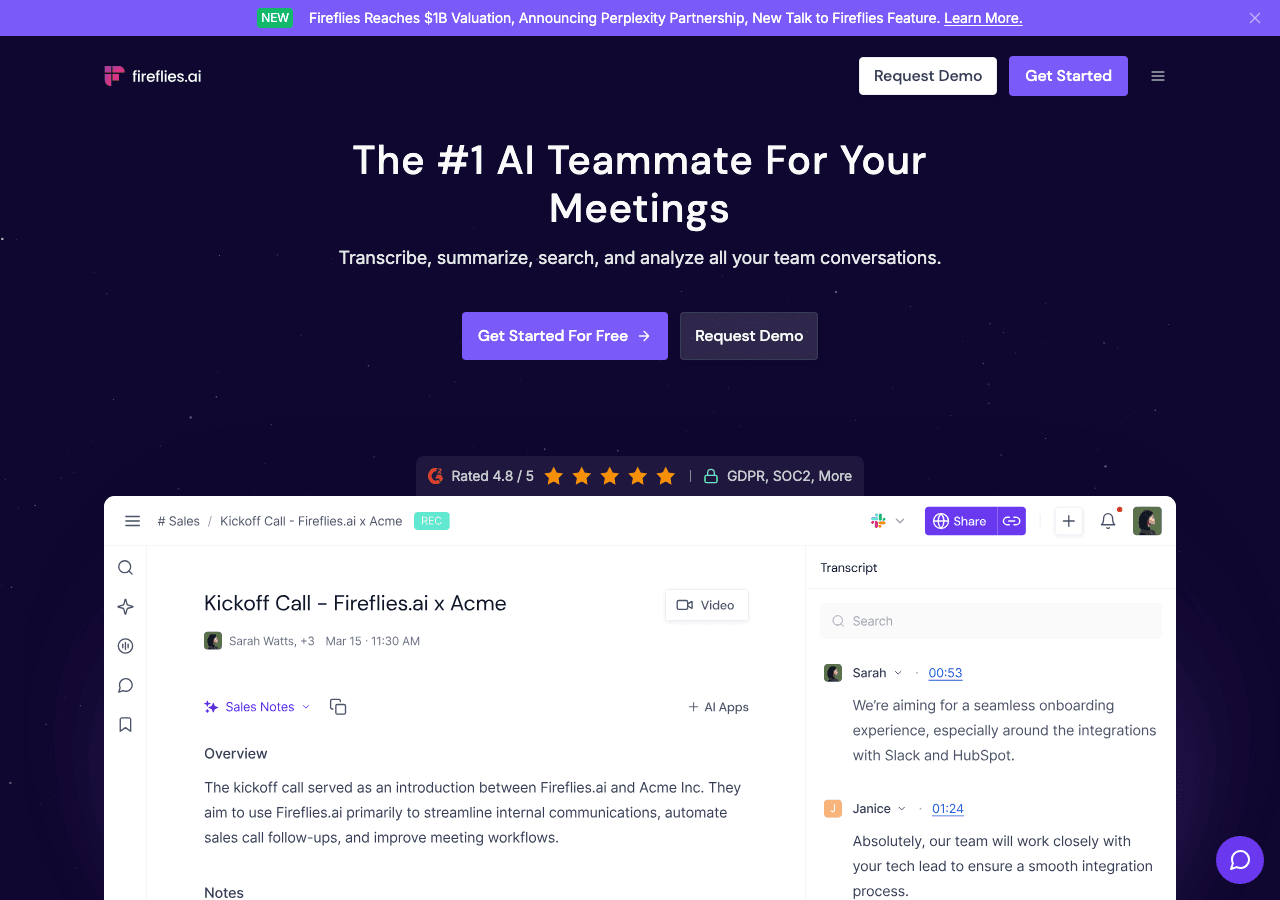 Fireflies.ai Productivity & Collaboration showing Productivity & Collaboration - AI teammate to record, transcribe, summarize