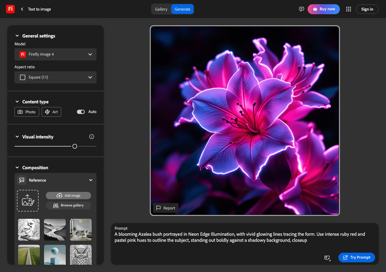 Adobe Firefly Image Generation showing Image Generation - Create your way with Adobe Firefly—AI for every creative vision.
