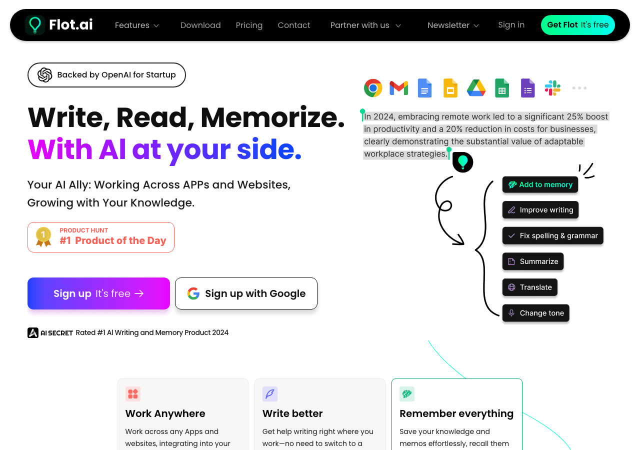 Flot.ai Conversational AI showing Conversational AI - No.1 AI Copilot for All Apps, Docs and Websites