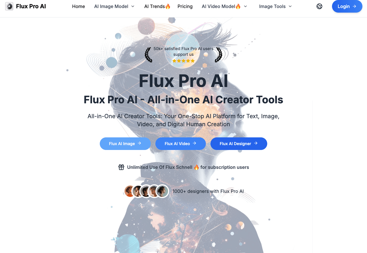 Flux Pro AI Image Generation showing Image Generation - All-in-One AI Creator Tools for Text, Image, and Video