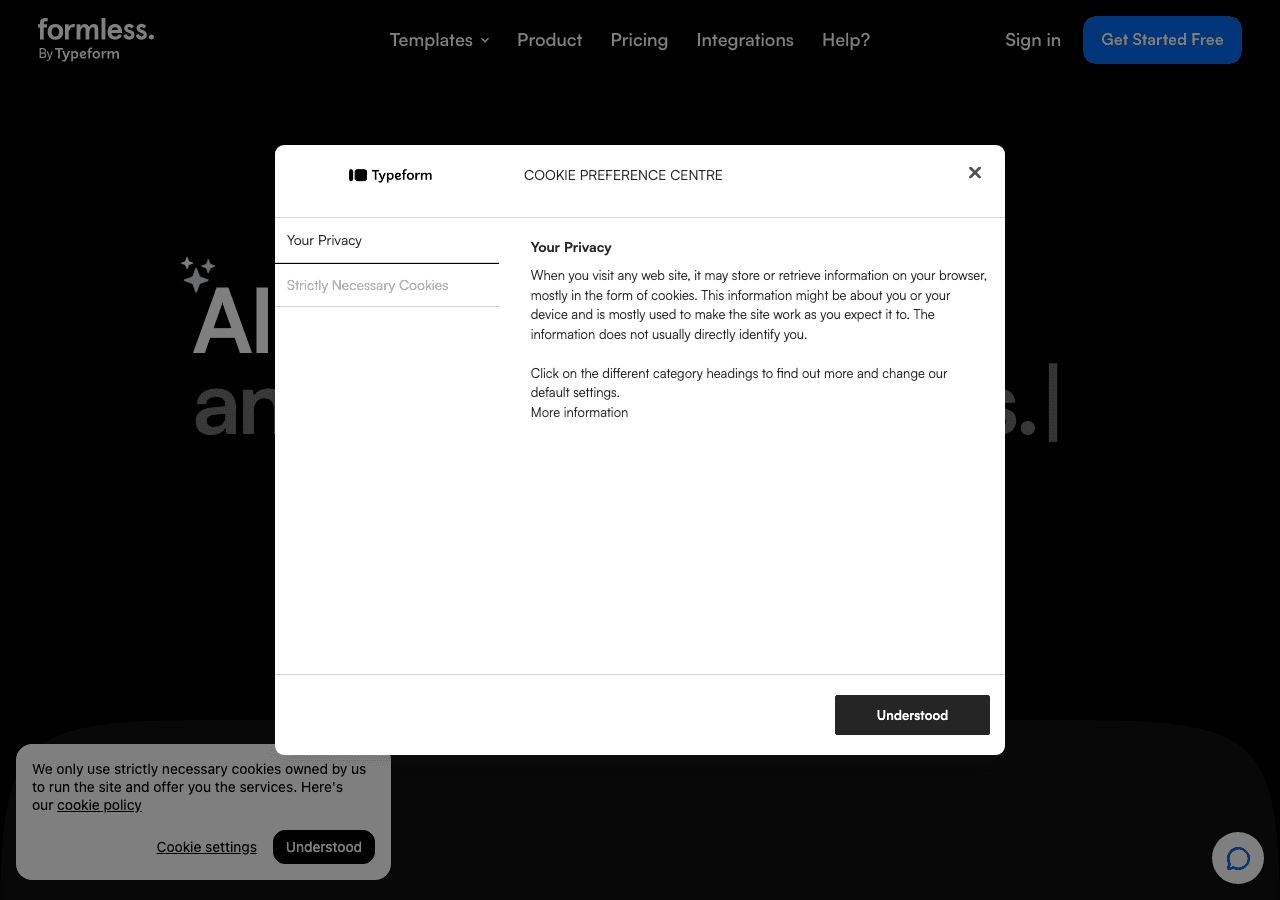 Formless by Typeform Conversational AI showing Conversational AI - Transforming unstructured data into actionable insights.