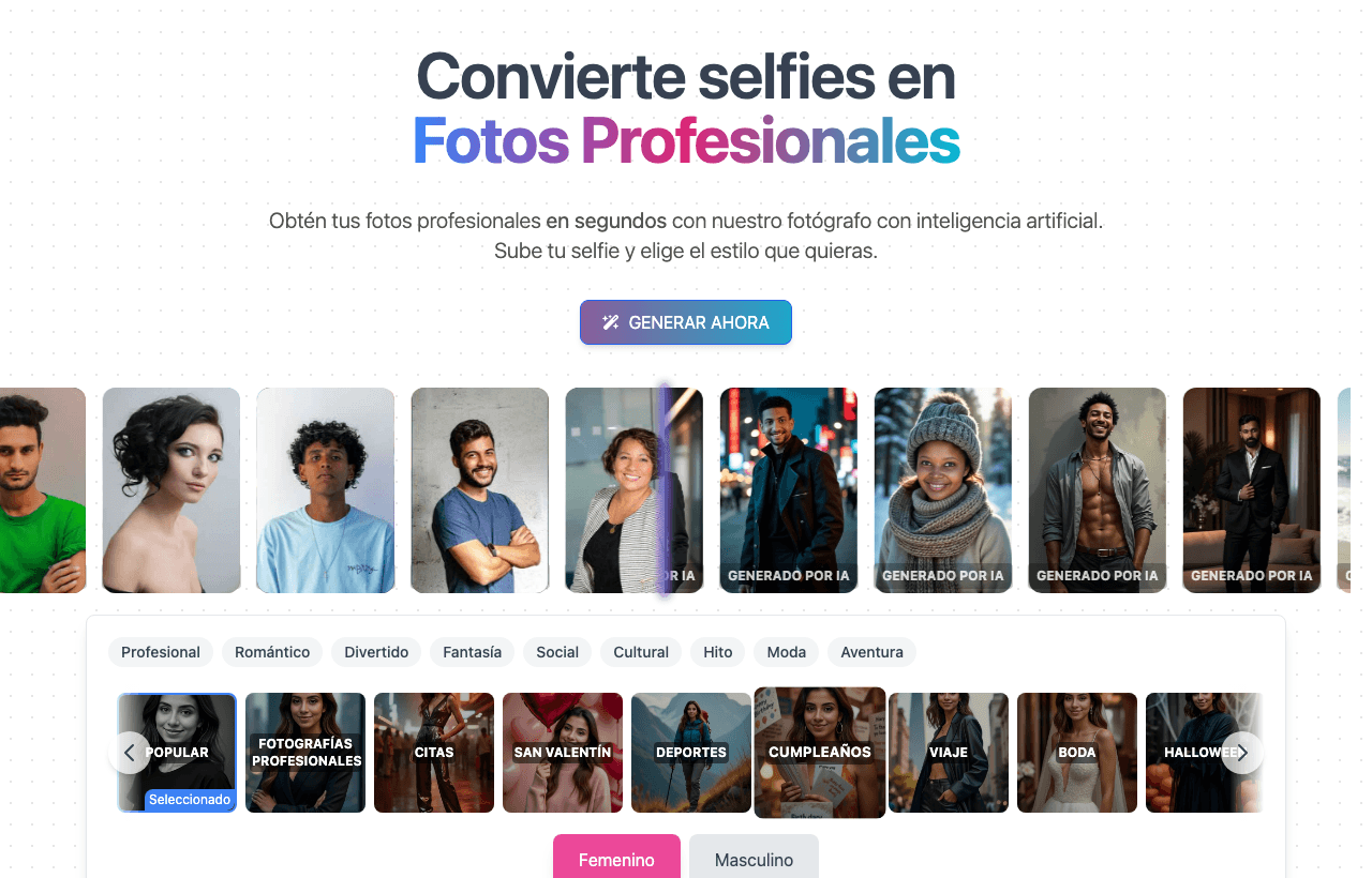 Fotosdeperfil.org Design showing Design - Transform your selfies into professional photos instantly