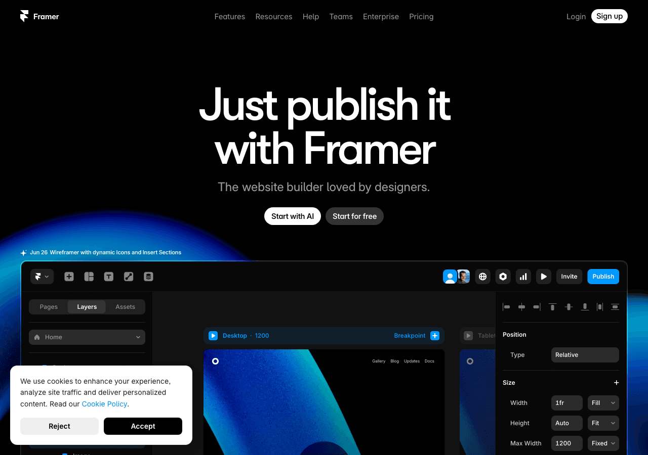 Framer Design showing website builder - Design, animate, and publish websites in minutes with AI