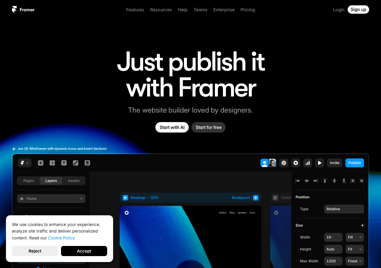 Framer Design showing Design - Design, animate, and publish websites in minutes with AI