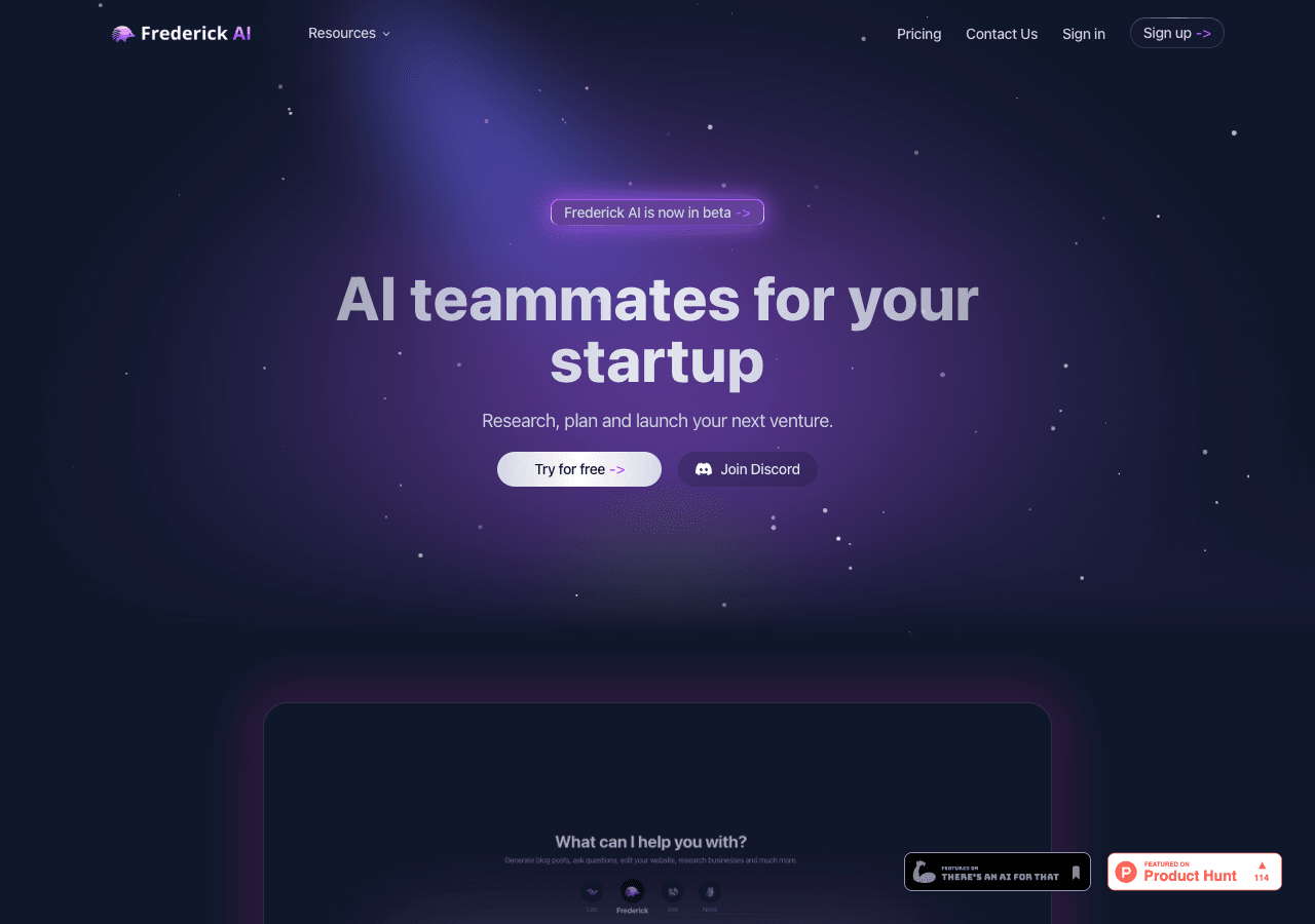 Frederick AI Productivity & Collaboration showing Productivity & Collaboration - Your AI cofounder for startup growth
