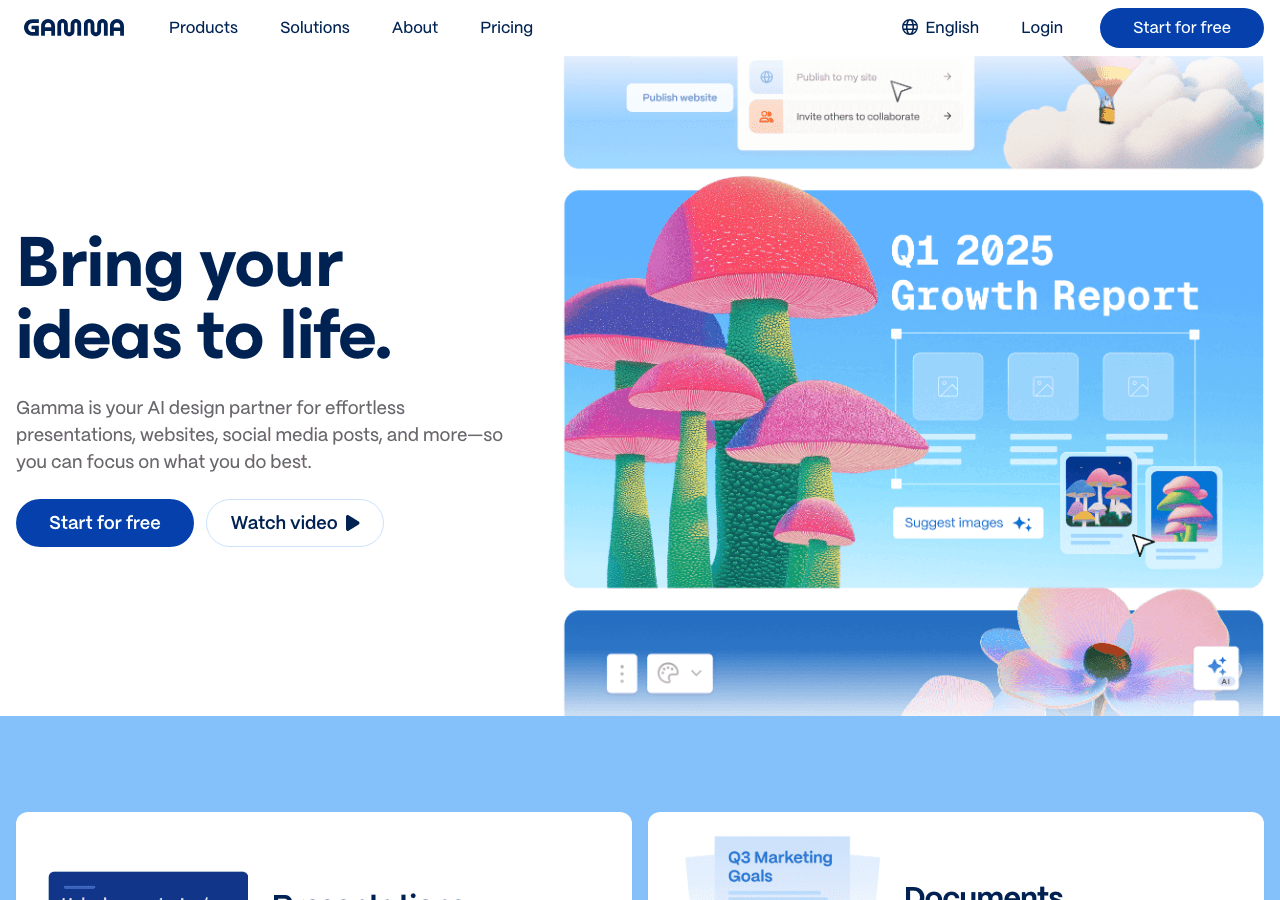 Gamma Productivity & Collaboration showing ai presentation maker - Create presentations, websites, docs & social instantly wi