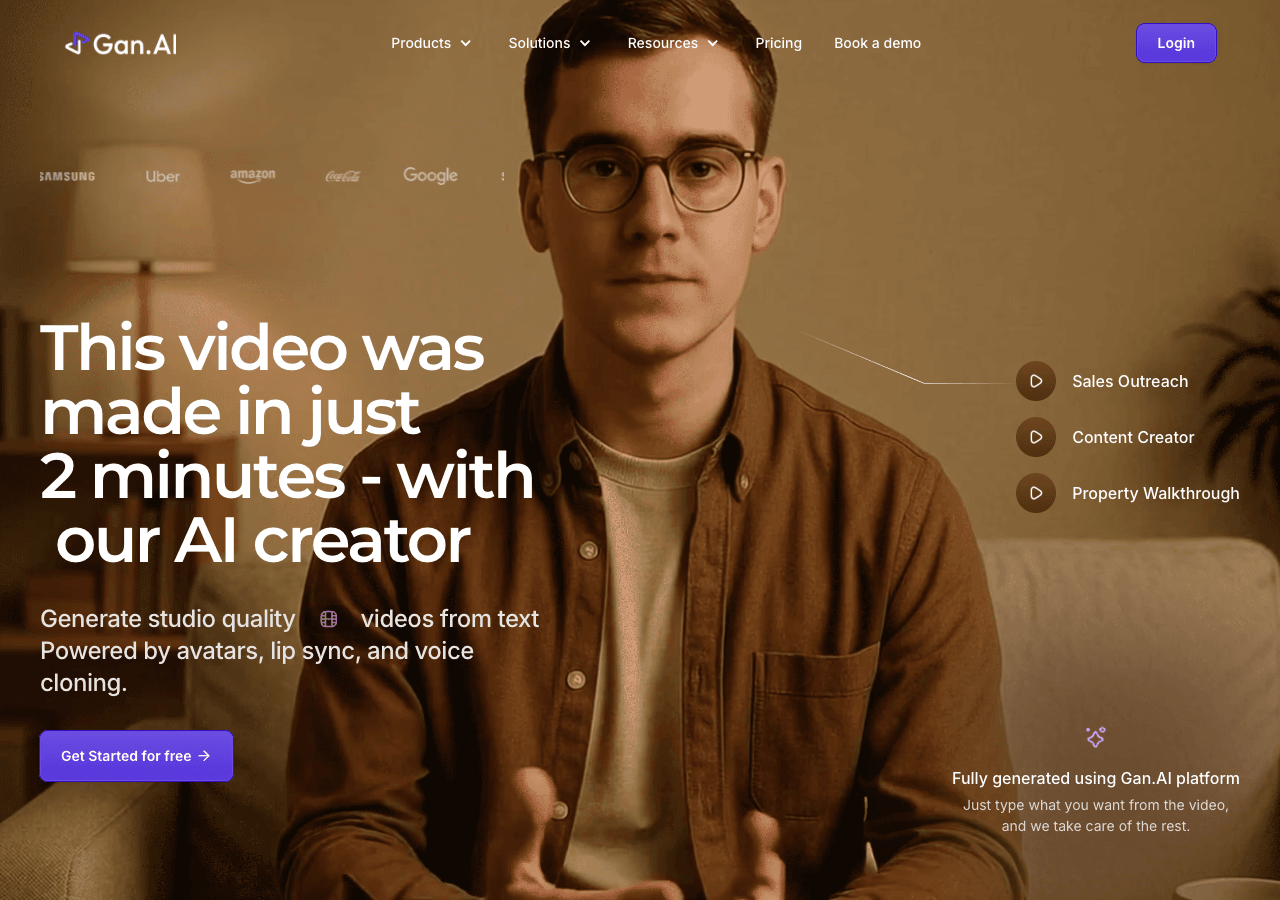 Gan.AI Video Generation showing Video Generation - Instantly Create AI Videos for Your Business