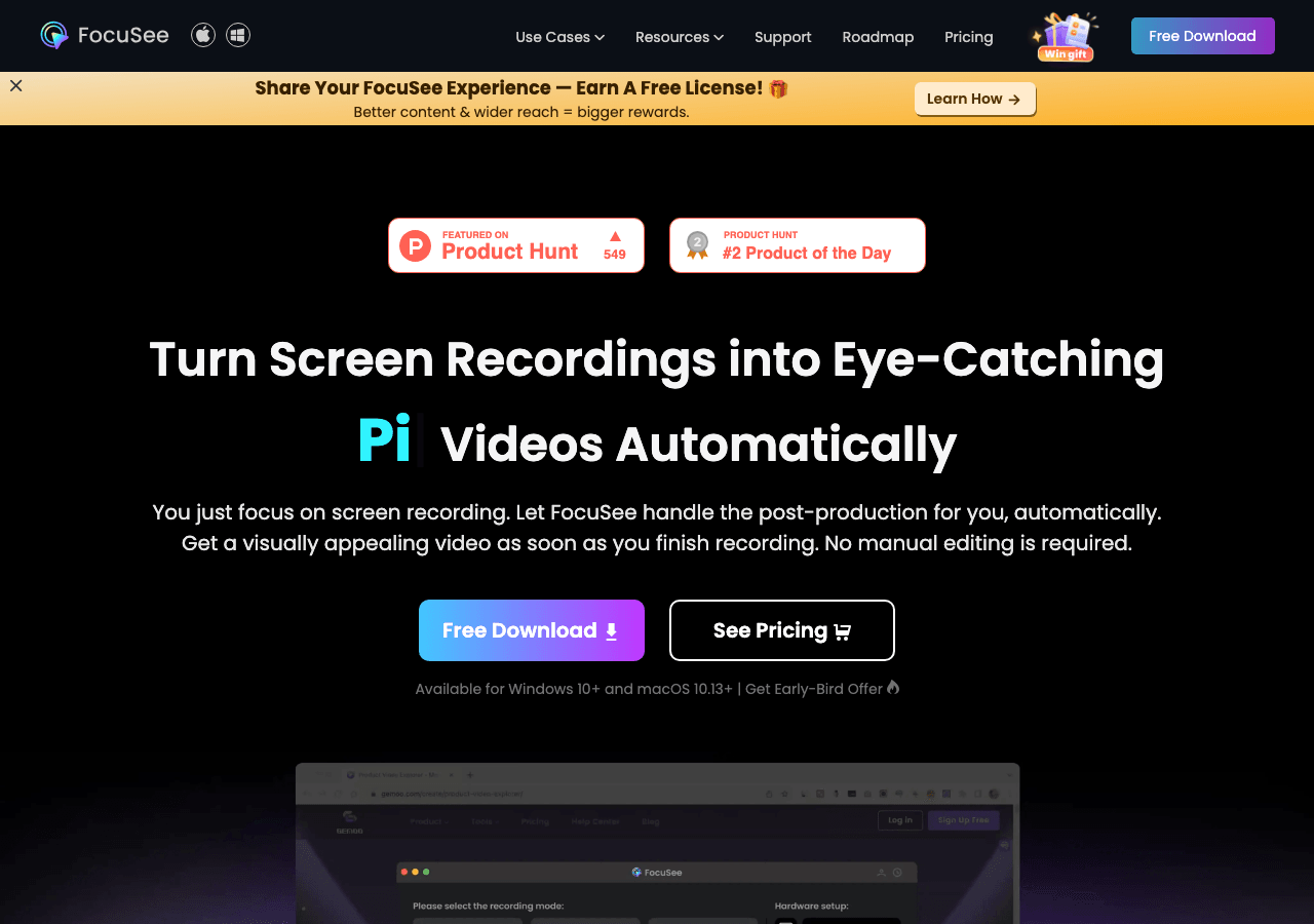 FocuSee Video Editing showing Video Editing - Screen recording. Instant editing. Video magic.