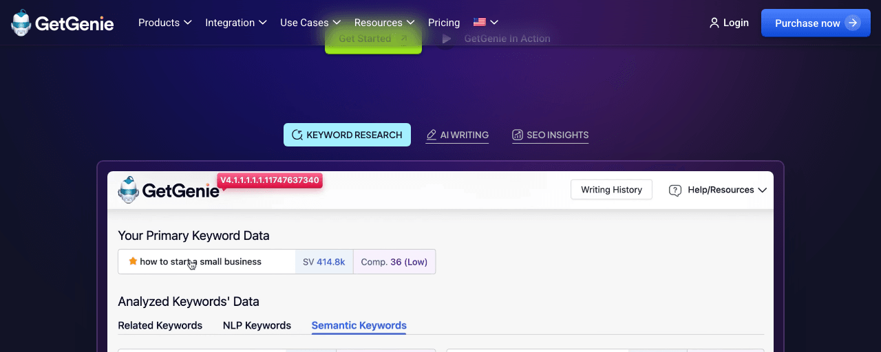 GetGenie Ai Writing & Translation showing Writing & Translation - Write, Optimize & Track Content with AI