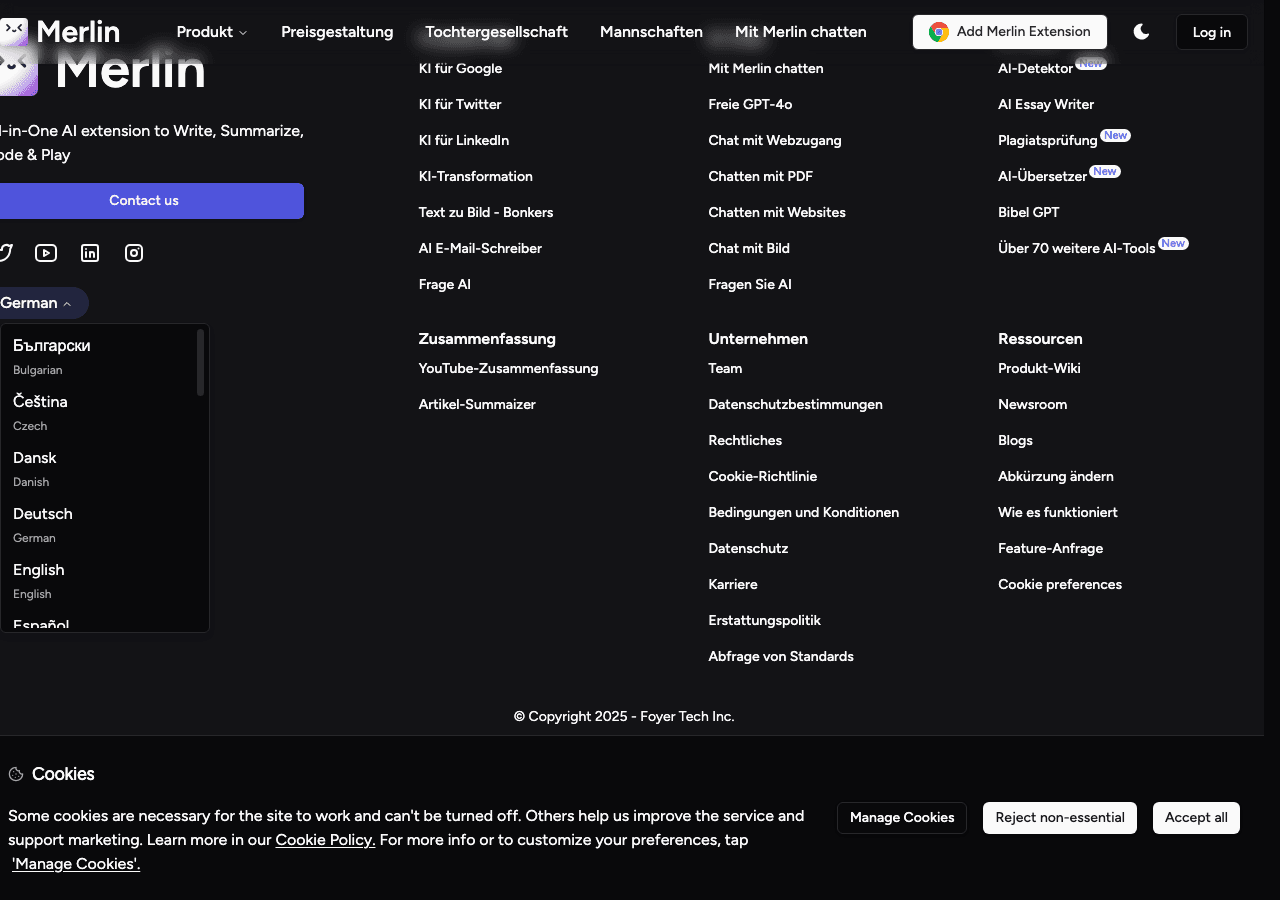 Merlin Conversational AI showing all-in-one ai assistant - The all‑in‑one AI copilot for your browser, content and research