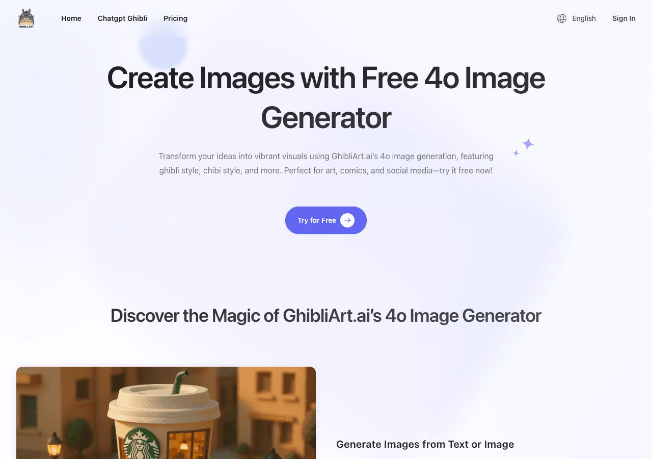 GhibliArt.ai Image Generation showing Image Generation - Turn your photos or ideas into magical Studio Ghibli-style artwork i