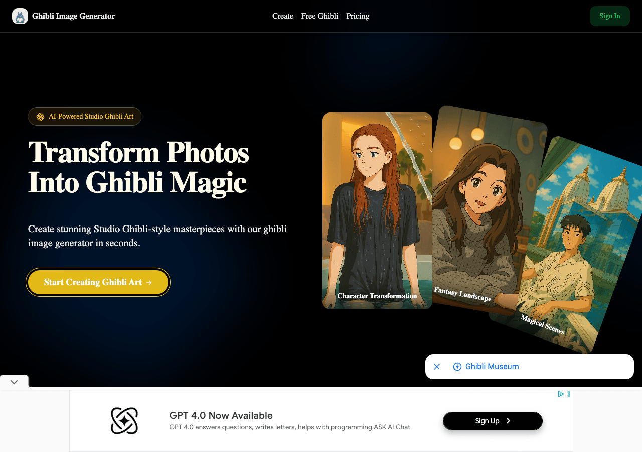Ghibli Image Generator Image Generation showing Image Generation - Turn any photo into magical Ghibli-style art with AI.