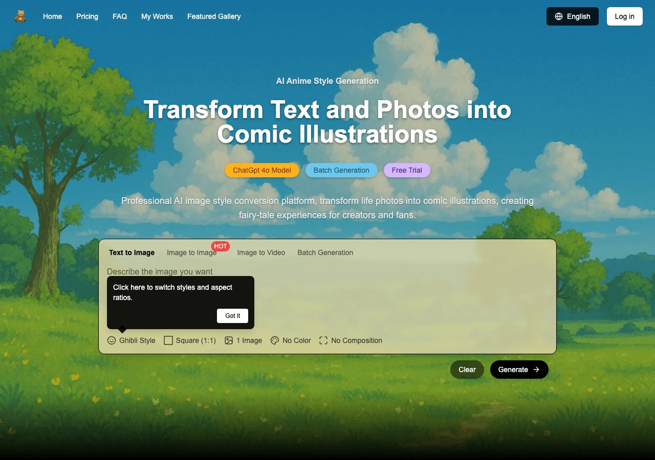 Ghiblio Image Generation showing Image Generation - Transform your ideas into magical Studio Ghibli-inspired art