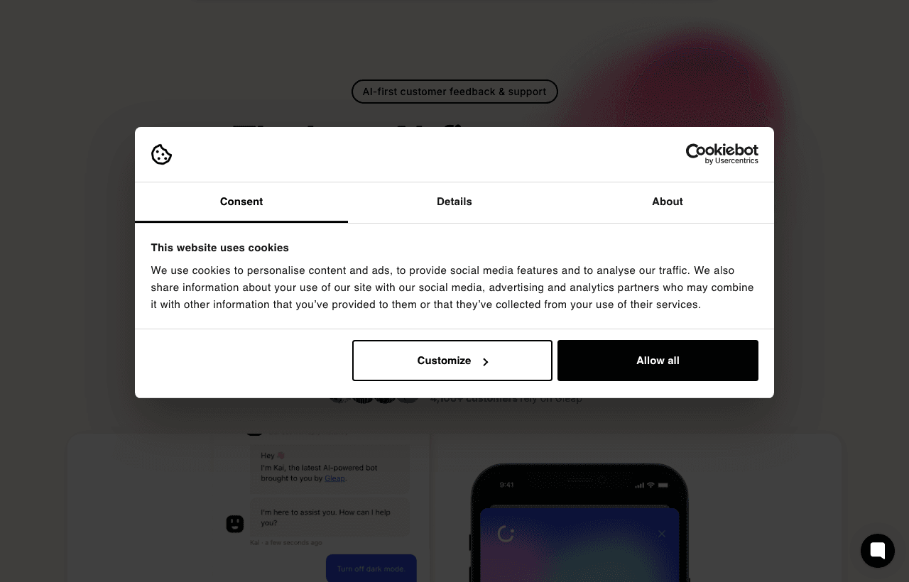 Gleap Conversational AI showing Conversational AI - AI-native customer support, activation, and roadmapping—unified.