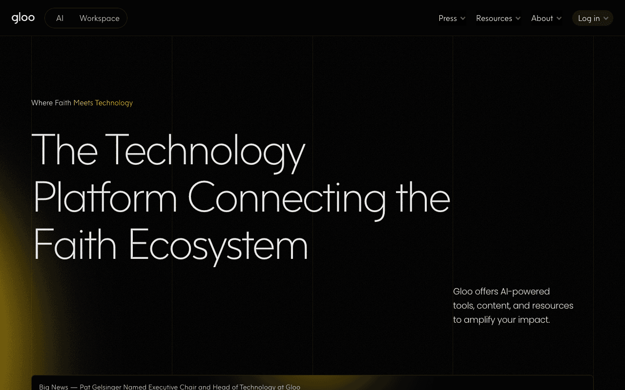 Gloo Conversational AI showing Conversational AI - Connecting the faith ecosystem with AI-powered solutions for flourishing c