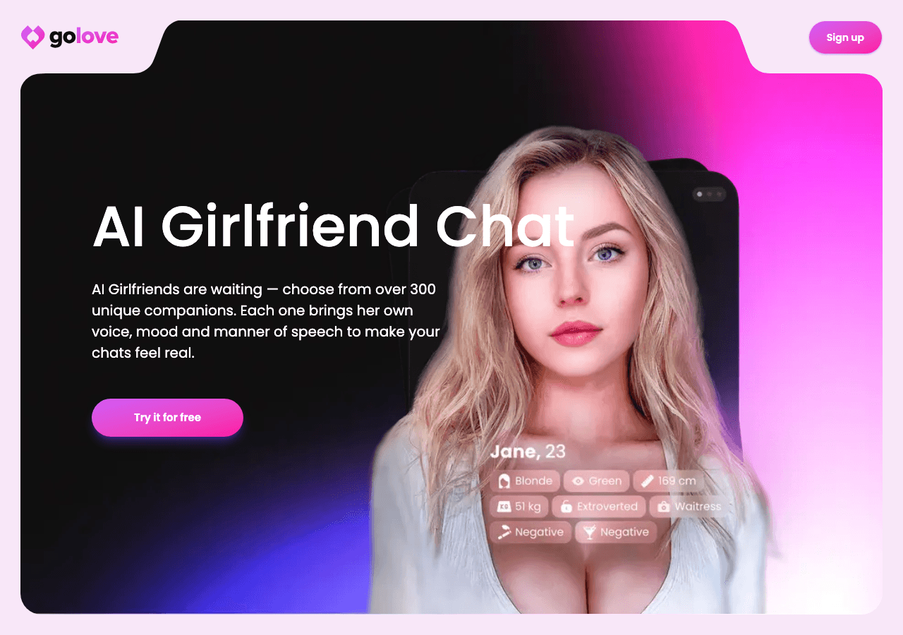 GoLove.AI Conversational AI showing adult ai chatbot - Uncensored AI passion, real-feeling connections.