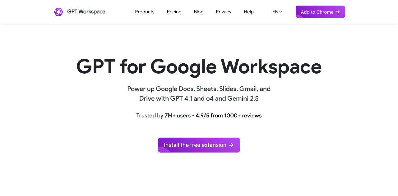 GPT Workspace Conversational AI showing Conversational AI - GPT-5 intelligence for Docs, Sheets, Slides, Gmail, and Drive—wri