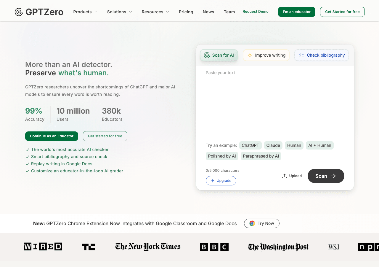 GPTZero Writing & Translation showing Writing & Translation - The most accurate AI detector & plagiarism checker—99% accuracy