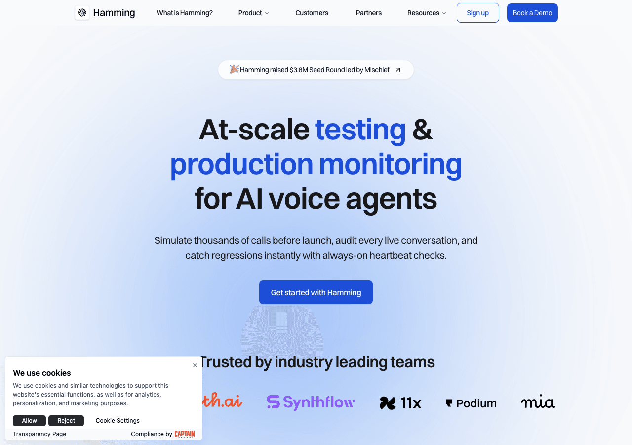 Hamming AI Conversational AI showing Conversational AI - Enterprise Voice Agent Testing & Production Monitoring