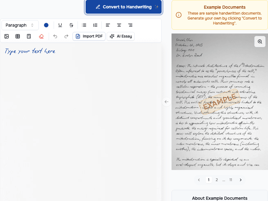 HandtextAI Writing & Translation showing Writing & Translation - Transform digital text into authentic handwritten documents—