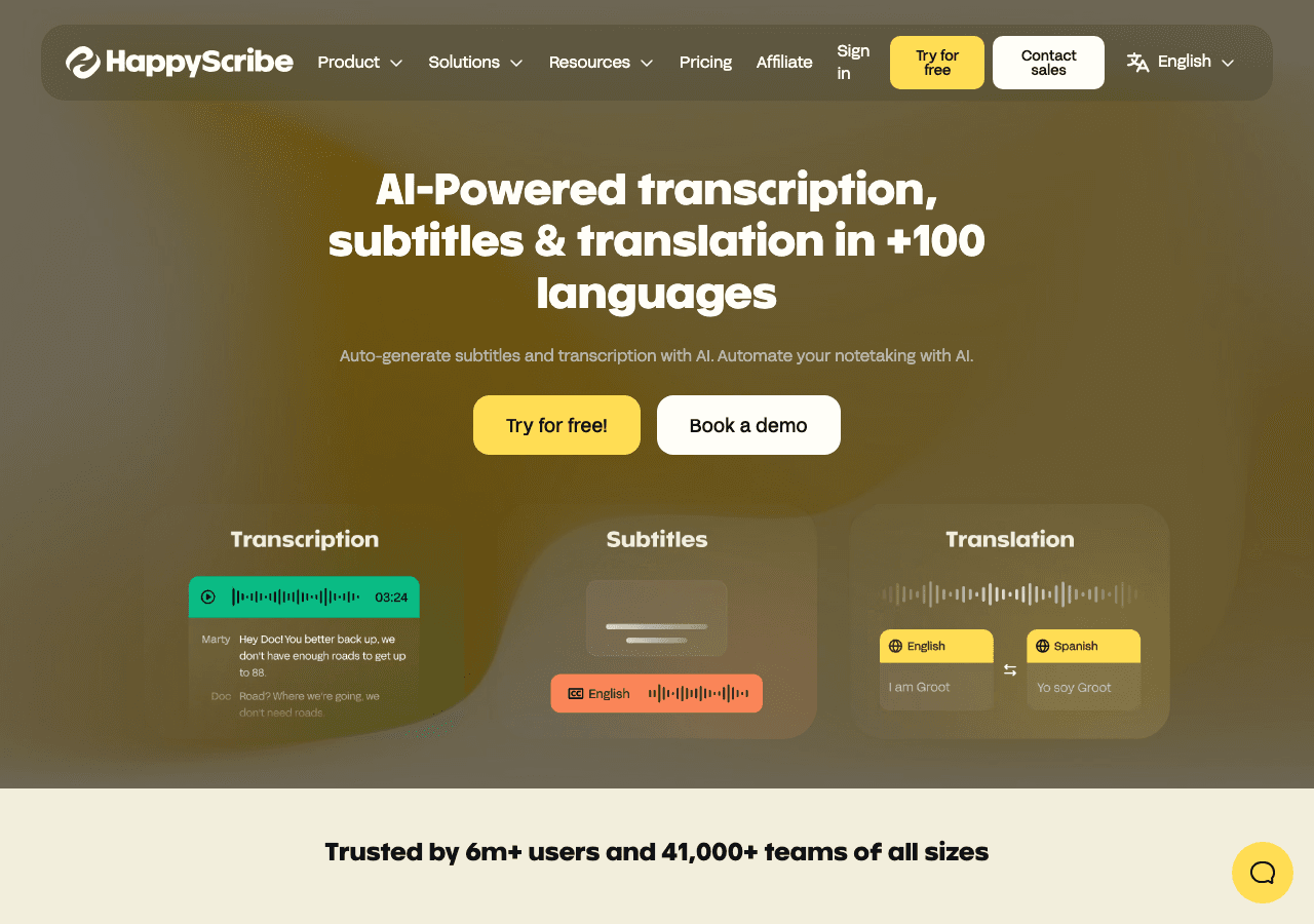 HappyScribe Audio Editing showing ai transcription - AI notes, transcription, subtitles & translation in 120+ languages