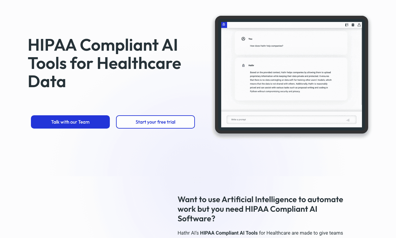 Hathr AI Conversational AI showing Conversational AI - Government-Grade AI for Healthcare, Built by National Security Experts