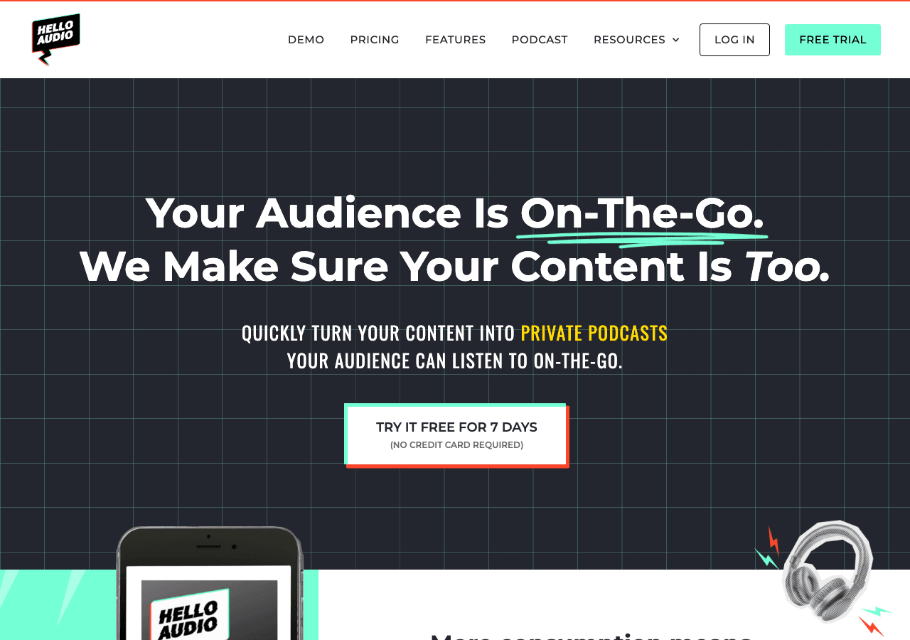 Hello Audio Marketing Automation showing Marketing Automation - Turn your content into private, personalized podcasts for you