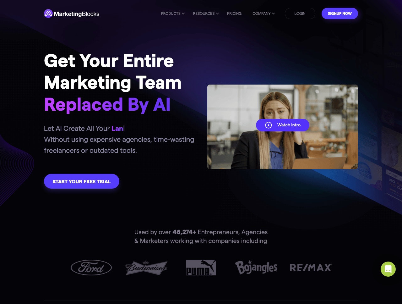 MarketingBlocks Marketing Automation showing Marketing Automation - Your All-in-One AI Marketing Agent