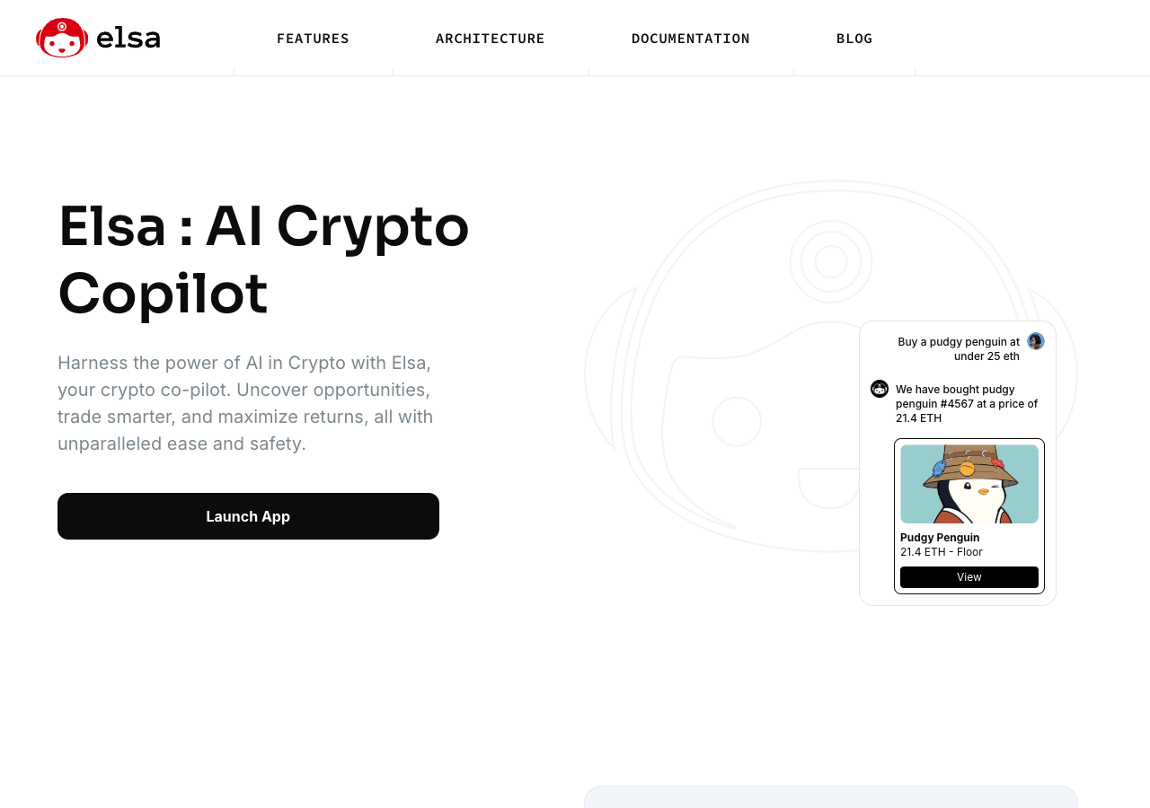 Elsa Conversational AI showing Conversational AI - Your AI-powered crypto copilot