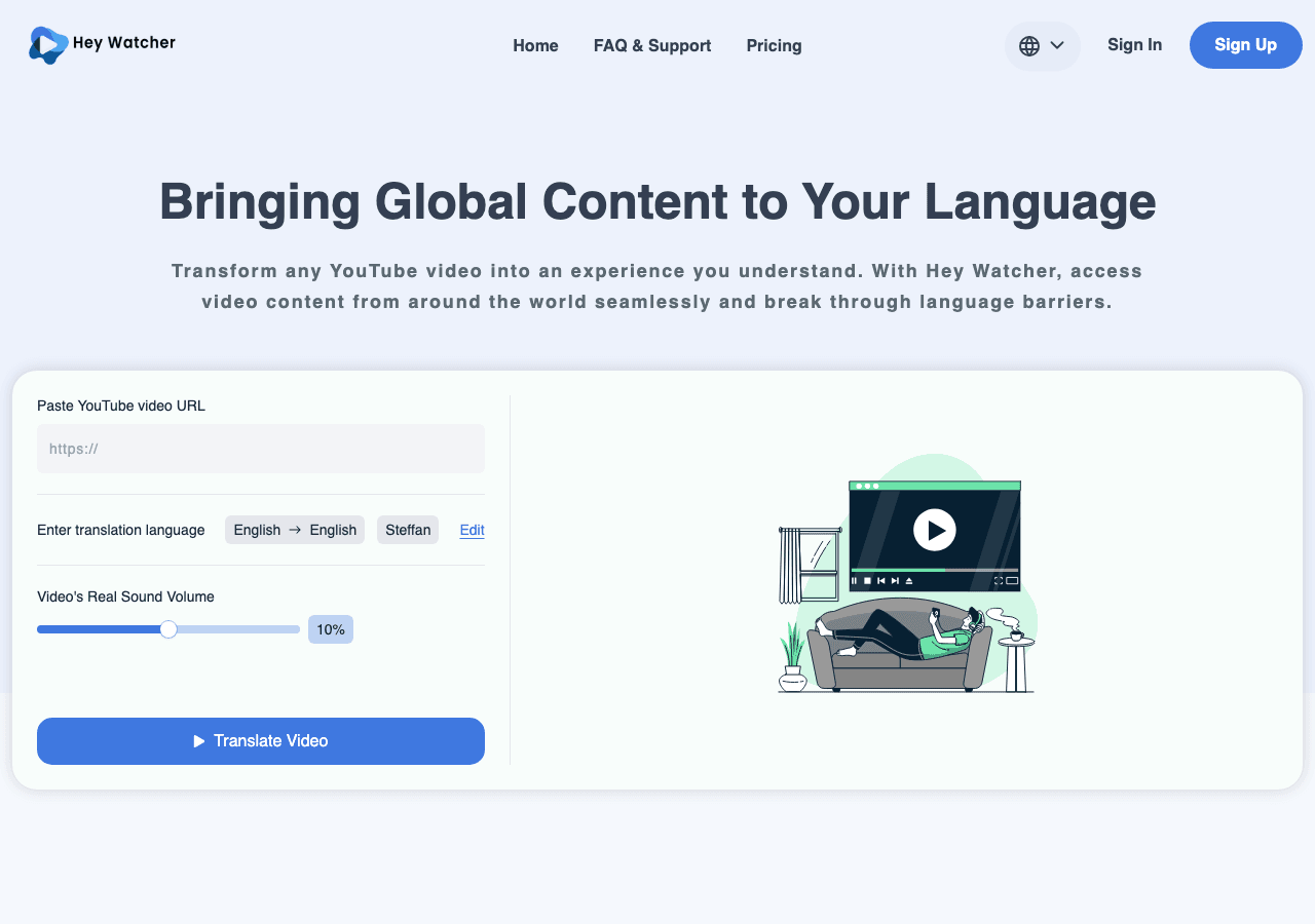 Hey Watcher Video Editing showing Video Editing - Your AI-powered YouTube video translator