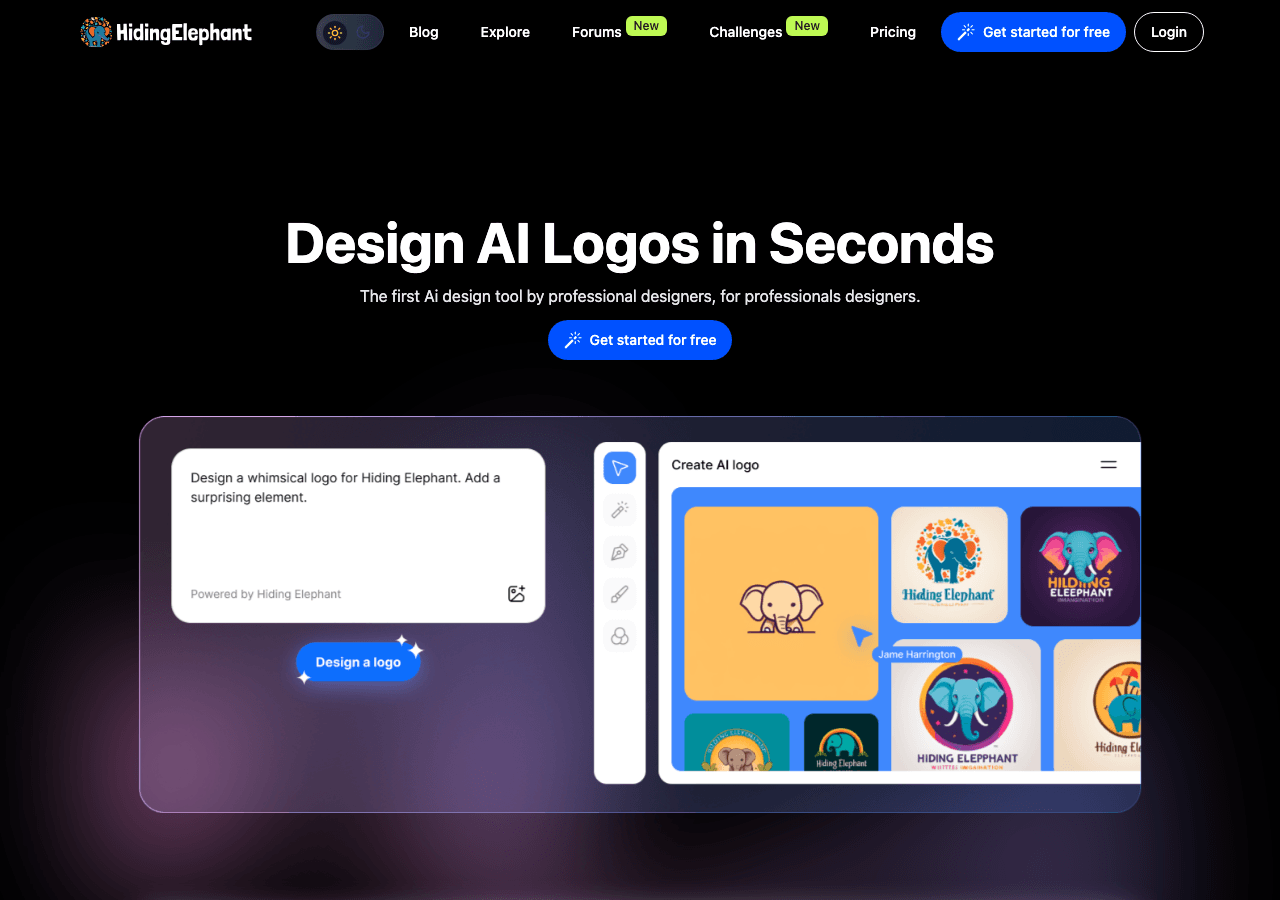 HidingElephant Design showing Design - The first fully hybrid design platform that merges AI image generation and pure vector