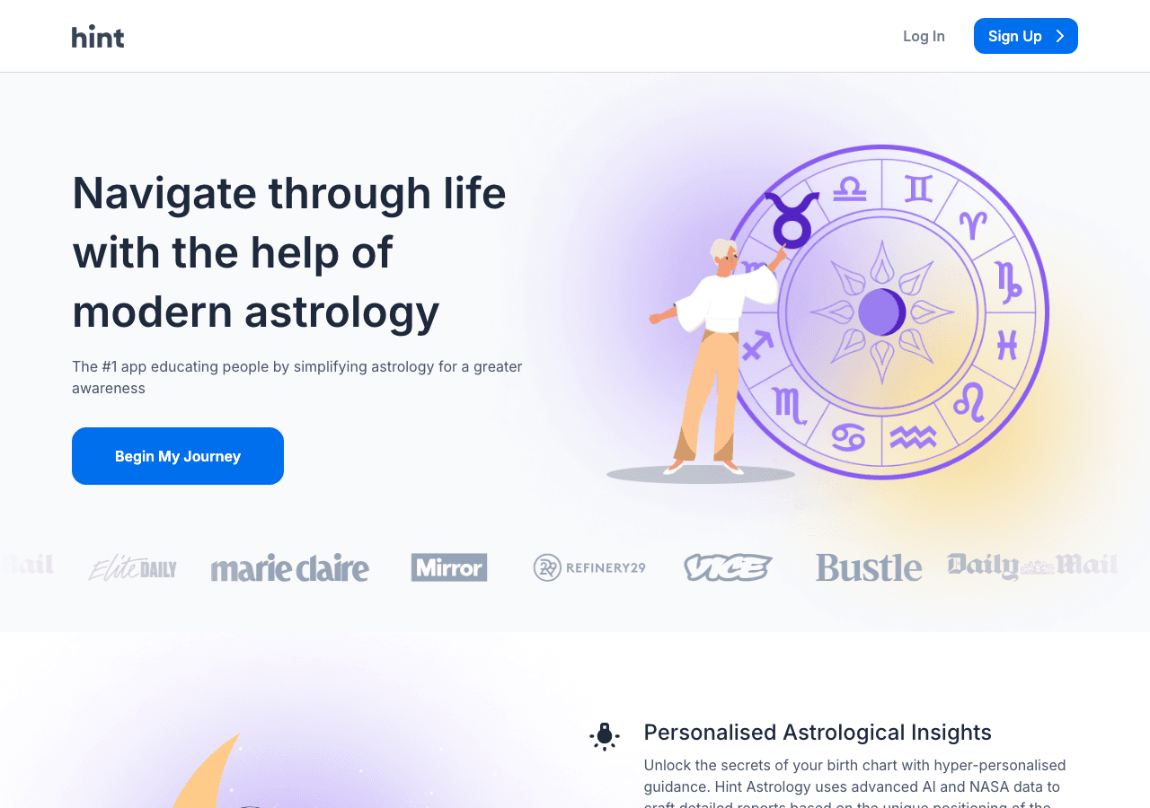 Hint Search & Discovery showing ai astrology platform - Hyper-personalized astrology powered by AI and NASA data