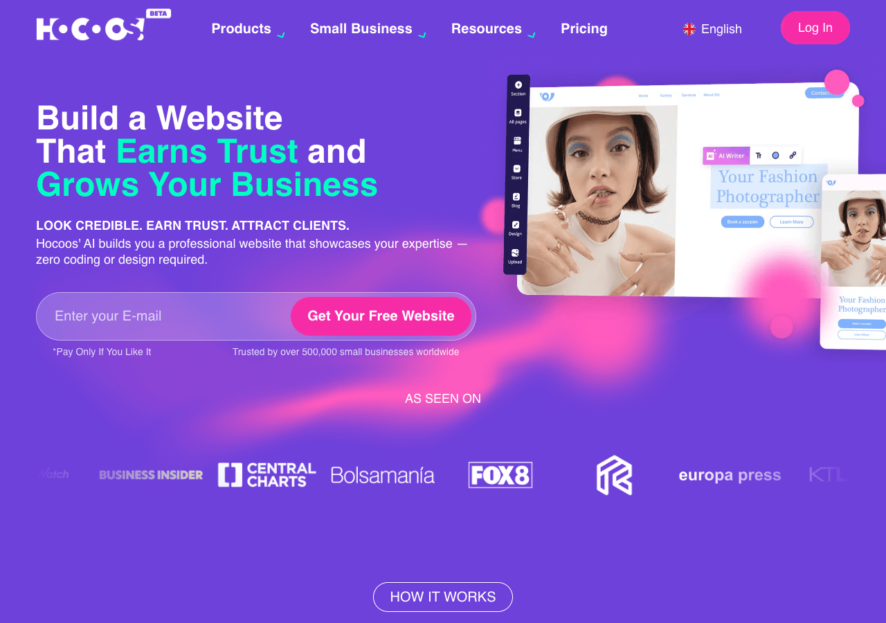 Hocoos AI Website Builder Design showing Design - Build your website with ease
