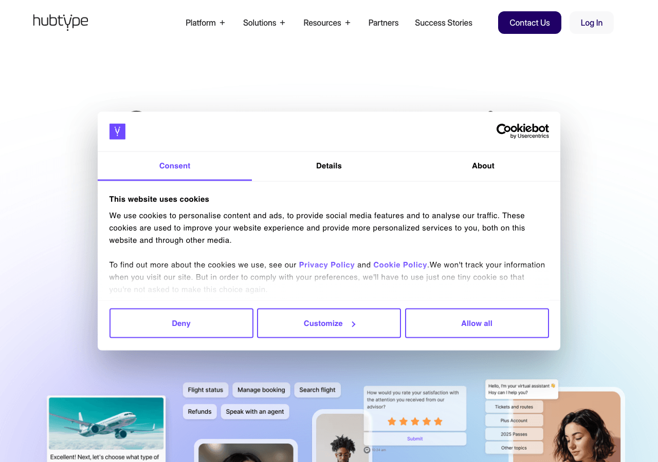 Hubtype Conversational AI showing Conversational AI - AI Agents for WhatsApp & Business Messaging